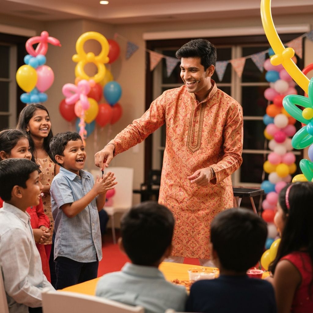 Indian magician entertaining families with interactive magic show