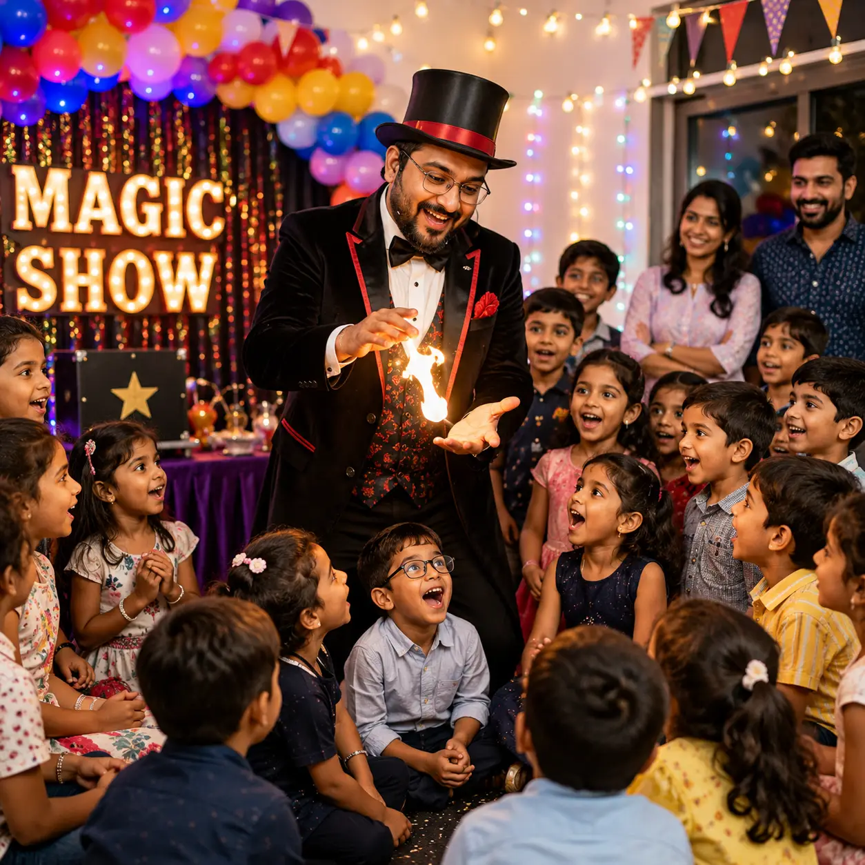 Indian magician entertaining families with interactive magic show